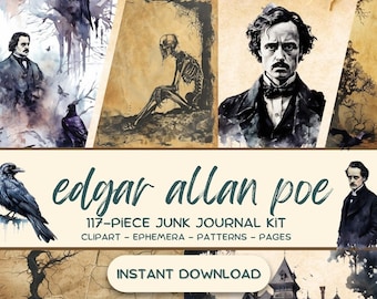 May include: A digital download kit featuring 117 pieces of clipart, ephemera, patterns, and pages inspired by Edgar Allan Poe. The kit includes images of ravens, skeletons, haunted houses, and portraits of Edgar Allan Poe. The text "edgar allan poe" and "117-PIECE JUNK JOURNAL KIT" is displayed in a vintage style font.
