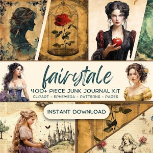 Kit de carnets de contes de fées (plus de 400 PNG), papier de scrapbooking princesse, téléchargement de pages imprimables Fantasy livresque, reliure de livre Grimm