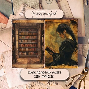 May include: A digital collage of two images. The first image shows a dark wooden bookshelf filled with books. The second image shows a woman in a dark dress reading a book. The text "DARK ACADEMIA PAGES 35 PNGS" is at the bottom of the collage.