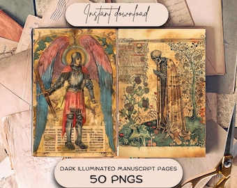 Dark Illuminated Manuscript Medieval Junk Journal Pages (50 PNG), Scrapbooking Paper, Bookish Printable Download, Middle Ages Journaling Kit