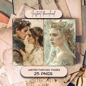 Könnte beinhalten: Eine digitale Collage aus zwei Fantasy-Illustrationen. Das erste Bild zeigt einen Mann und eine Frau in einer winterlichen Umgebung. Das zweite Bild zeigt eine Frau mit einer Krone aus Eis und Schnee. Der Text "Winter Fantasy Pages 25 PNGs" befindet sich am unteren Rand des Bildes.