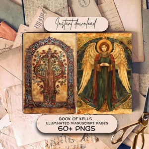 Páginas de diario medieval con manuscrito iluminado del Libro de Kells (60 PNG), papel para álbumes de recortes, descarga imprimible, kit de diario de la Edad Media