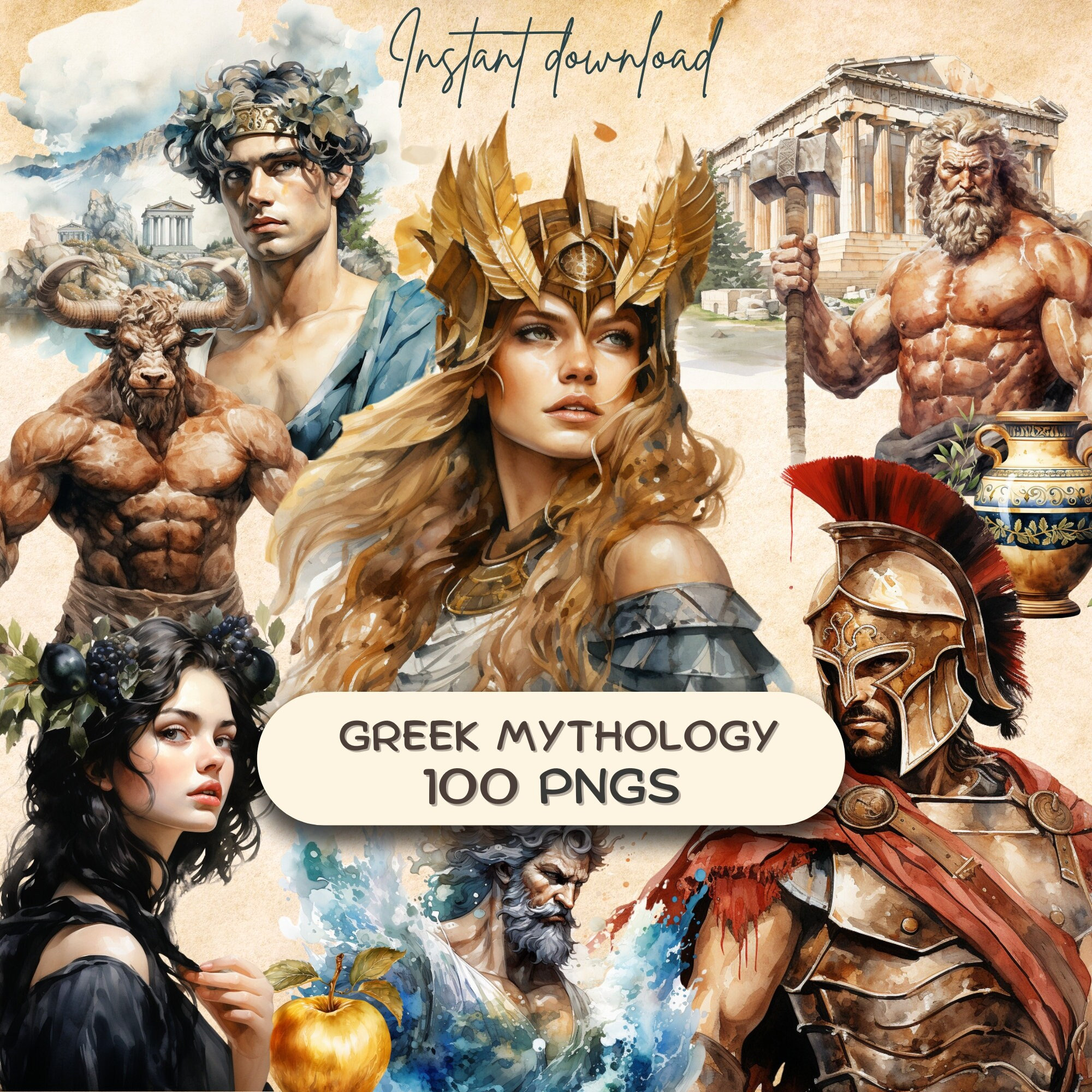 Greek Mythology Clipart Bundle (100 PNG), Gods Goddesses and Heroes, Antiquity Fantasy Scrapbooking, Printable Junk Journal Sticker