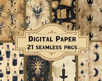 Dark Fantasy Digital Paper/Seamless Patterns (21 PNG), Dark Cottagecore Junk Journal, Vintage Scrapbooking, Commercial Use Printable Pages