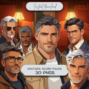Puede incluir: Una ilustración digital de 30 avatares diferentes de hombres mayores. Los avatares están en varias poses y expresiones. El texto "Avatars: Older Males 30 PNGs" se muestra en el centro de la imagen.