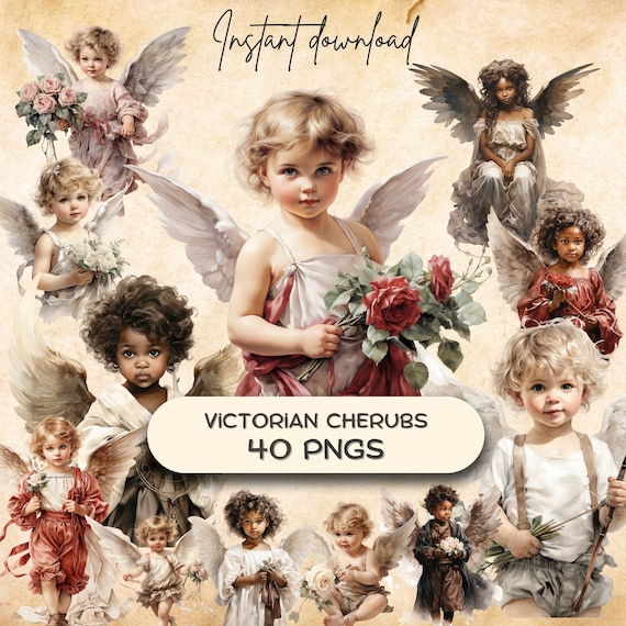 Victorian Cherub Clipart (40 PNGs), Fantasy Printable Digital Sticker, Vintage Junk Journal Download, Vday Card Making