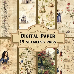 Op de afbeelding: Een set van 15 digitale papierontwerpen met fantasievolle illustraties van kastelen, bloemen en feeën. De papieren zijn naadloos en perfect voor scrapbooking, kaartmaken en andere knutselprojecten.