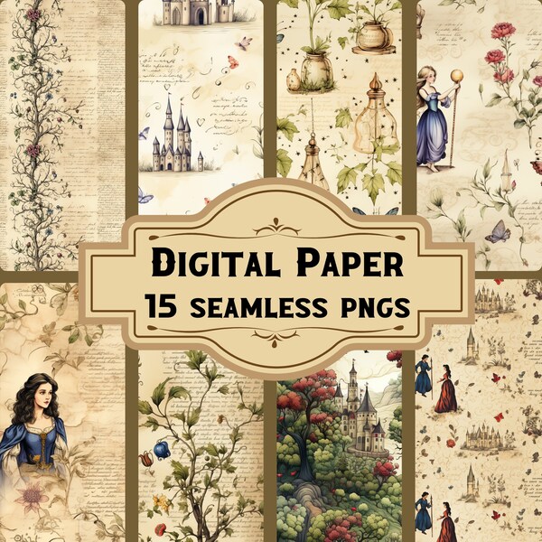 Märchenhaftes Digitales Papier/Nahtlose Muster (15 PNG), Victorian Junk Journal, Vintage Scrapbooking, Druckbare Seiten Download