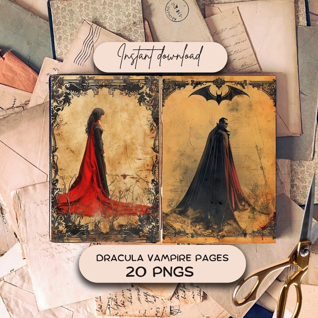 Dracula Journal Pages (20 PNG), Gothic Horror Scrapbooking Paper, Dark Victorian Printable Pages Download, Vampire Bookish Journaling Kit