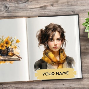 May include: A watercolor painting of a woman with brown hair wearing a yellow and black scarf. The painting is on a white background with the text "YOUR NAME" in a yellow box.