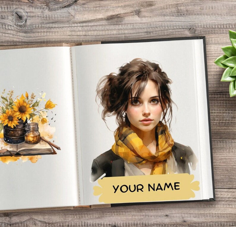 May include: A watercolor painting of a woman with brown hair wearing a yellow and black scarf. The painting is on a white background with the text "YOUR NAME" in a yellow box.