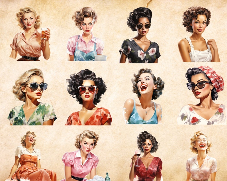 May include: A collage of ten images featuring women with various hairstyles and clothing. The women are wearing dresses, shirts, and sunglasses. Some of the women are smiling, while others have neutral expressions.