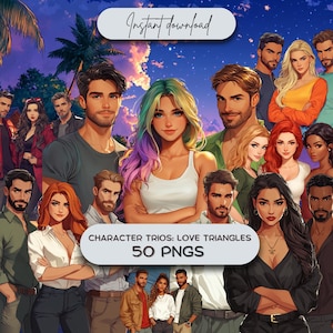 Puede incluir: Una ilustración digital de 50 tríos de personajes, que representan triángulos amorosos. Los personajes están dibujados en un estilo de dibujos animados con colores vibrantes y rasgos expresivos. La imagen incluye una superposición de texto que dice "Character Trios: Love Triangles 50 PNGs".
