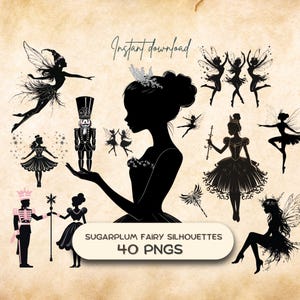 Pacote de clipart de silhuetas de fadas Sugarplum (40 PNG), designs de sublimação de feriados de quebra-nozes, adesivos de diário de lixo para impressão, artesanato de ornamento