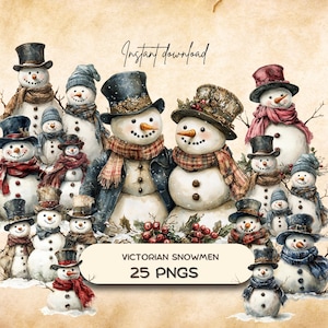 Victorian Snowman Clipart Bundle (25 PNG), Winter Holiday Sublimation Designs, Printable Junk Journal Sticker, Christmas Ornament Crafts