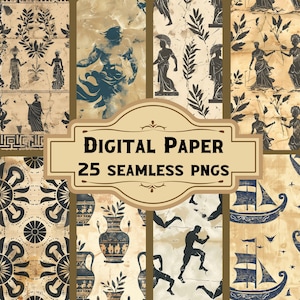 Carta digitale/modelli senza cuciture della mitologia greca antica (25 PNG), diario spazzatura della dea, carta per scrapbooking, download di pagine stampabili