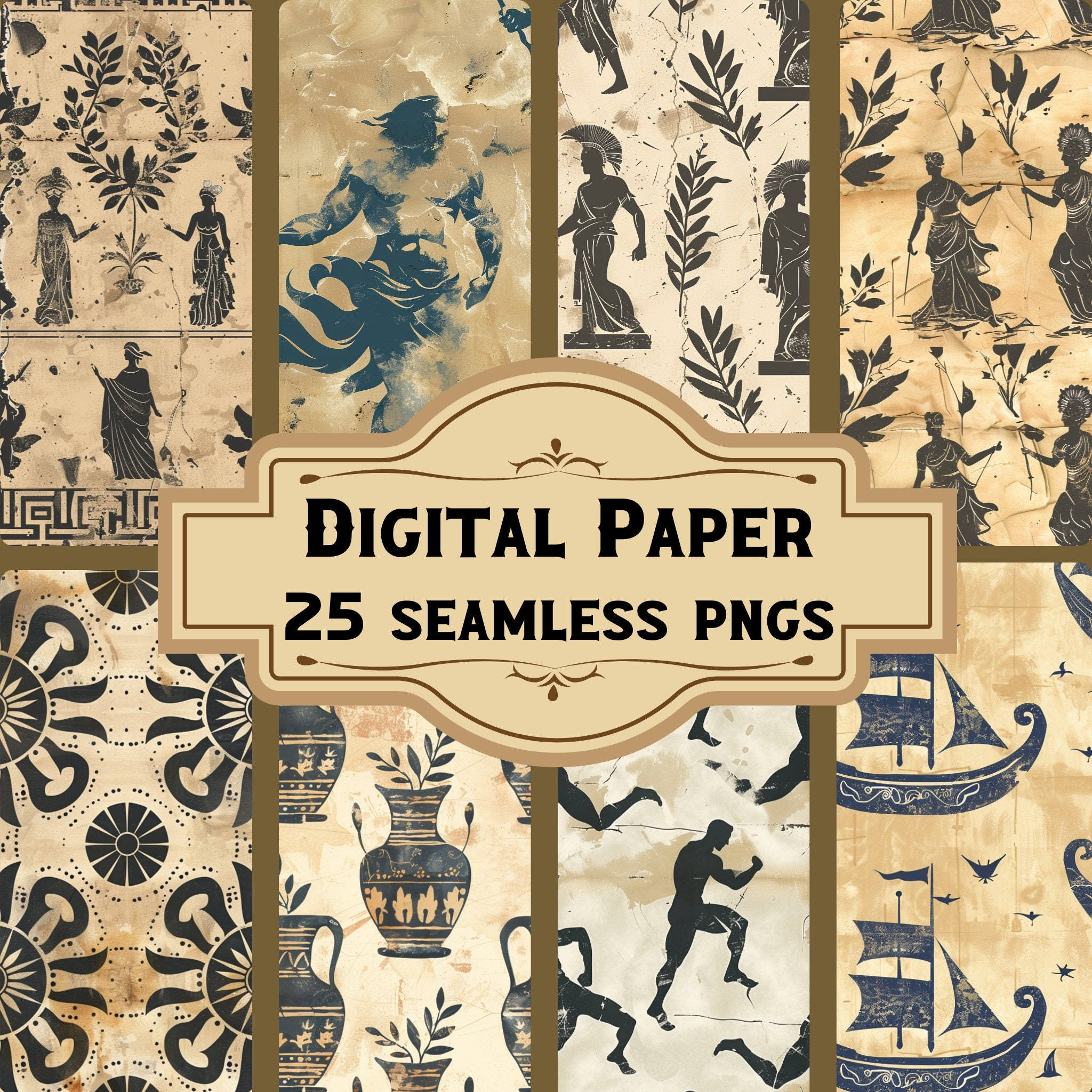 Ancient Greek Mythology Digital Paper/Seamless Patterns (25 PNG), Goddess Junk Journal, Scrapbooking Paper, Printable Pages Download