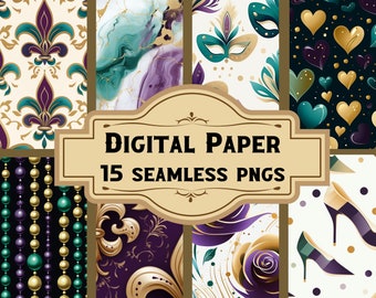 May include: Digital paper set featuring 15 seamless PNGs. The designs include fleur-de-lis, marble, masquerade masks, hearts, beads, floral patterns, and high heels. The color palette includes gold, purple, teal, and white.