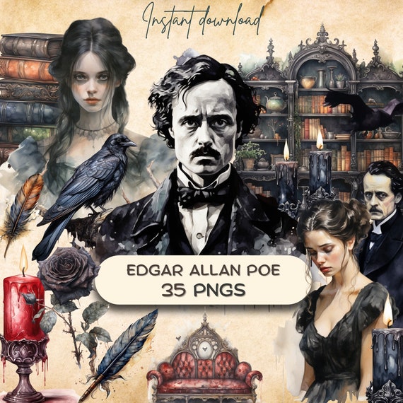 Edgar Allan Poe Clipart (35 PNG), Dark Academia, Gothic Macabre Art, Quoth the Raven Nevermore, Horror Victorian Junk Journal Stickers