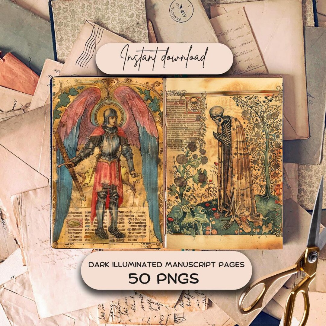 Dark Illuminated Manuscript Medieval Junk Journal Pages (50 PNG ...