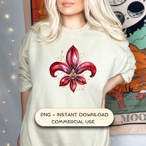 Fleur de lys rouge des fêtes PNG (sublimation/usage commercial), graphiques de Noël cajun, impression NOLA pour chemises, téléchargement de la Nouvelle-Orléans en Louisiane