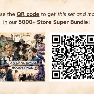 May include: A QR code with a collage of fantasy-themed illustrations, including a witch, a pirate, and a raven. The text "Store Super Bundle 5000+ PNGs" is visible in the image.