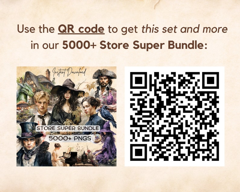 May include: A QR code with a collage of fantasy-themed illustrations, including a witch, a pirate, and a raven. The text "Store Super Bundle 5000+ PNGs" is visible in the image.