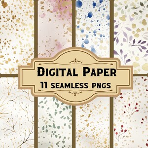 May include: A set of 11 digital papers featuring seamless patterns with watercolor textures. The patterns include gold glitter, blue and pink splatters, green and white spots, and floral designs.