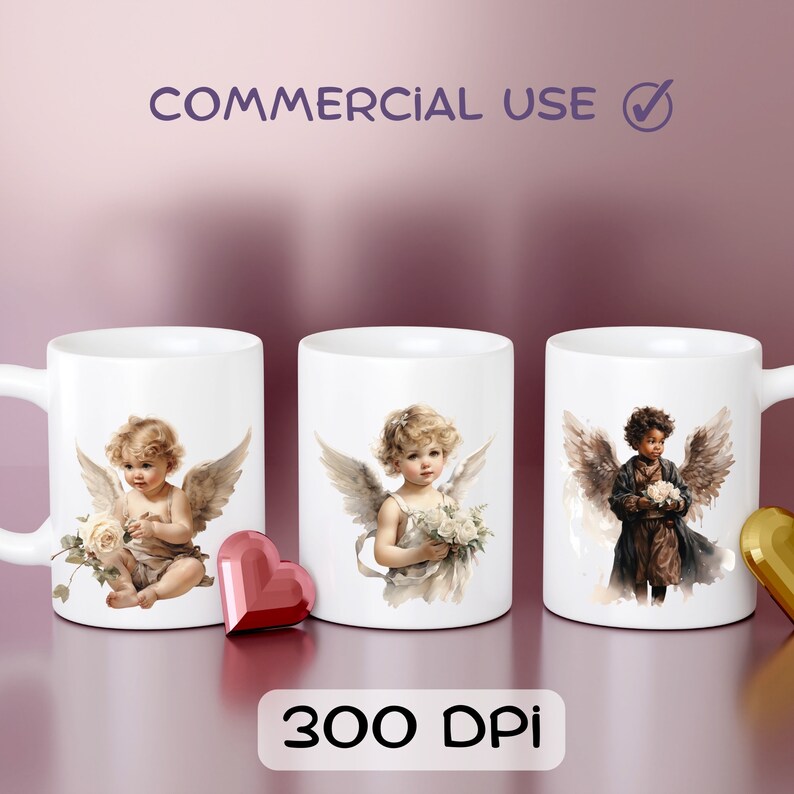 May include: Three white ceramic mugs with angel illustrations. Each mug features a different cherub design with wings and flowers. The text "COMMERCIAL USE" and "300 DPI" are visible. A red heart-shaped decoration is in the foreground.