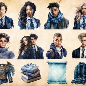 May include: A digital illustration of a group of young adults in blue and white school uniforms. The illustration is set against a light brown background. The characters are depicted in a watercolor style.
