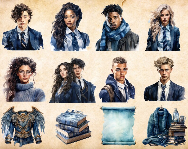 May include: A digital illustration of a group of young adults in blue and white school uniforms. The illustration is set against a light brown background. The characters are depicted in a watercolor style.
