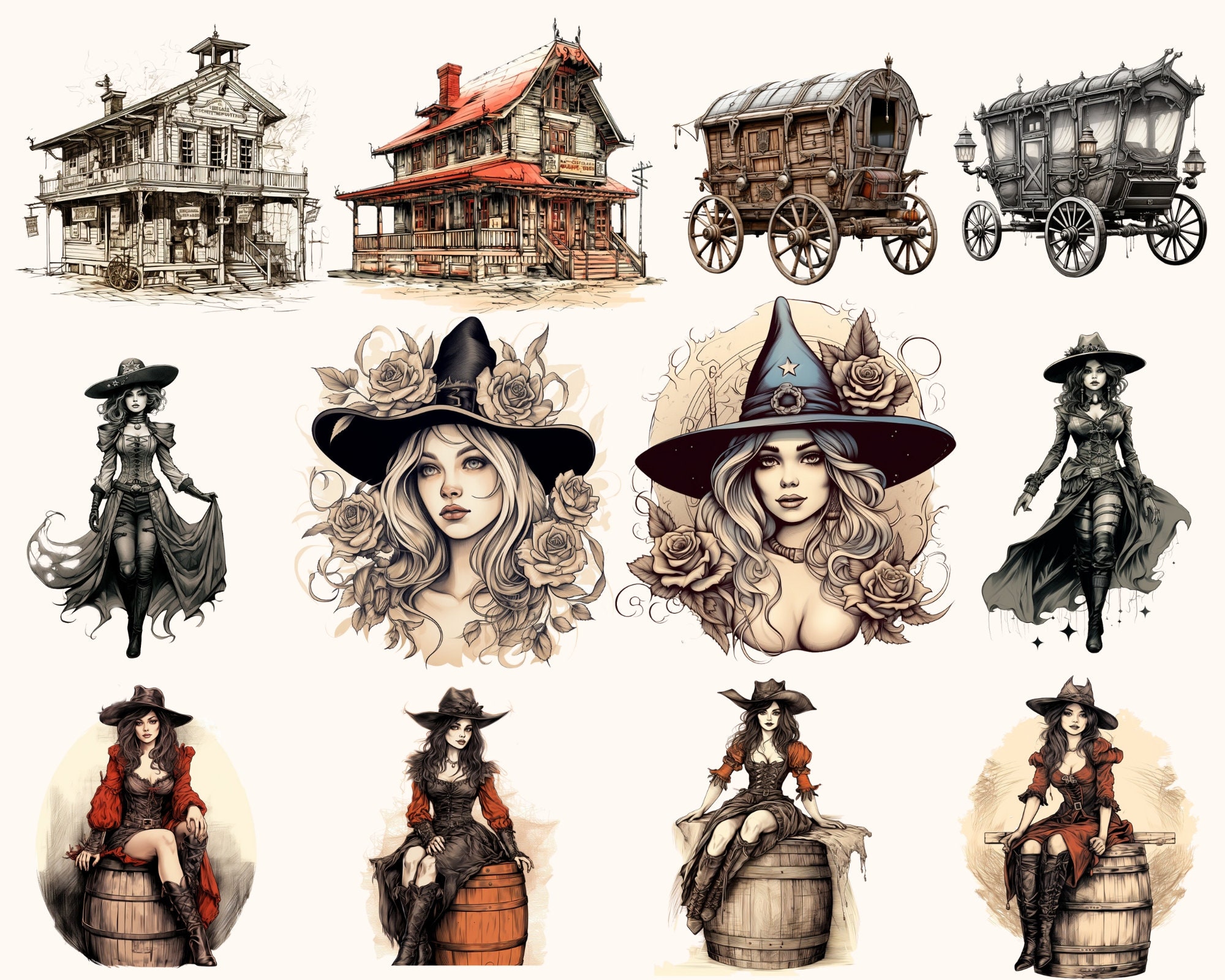 Vintage Western Witches Clipart 100 Pngs, Retro Fantasy Cowgirl