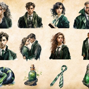 May include: A collection of watercolor illustrations featuring characters, objects, and symbols associated with the magical world of Hogwarts. The illustrations include a snake, a potion bottle, a tie, and various characters in green and black robes.