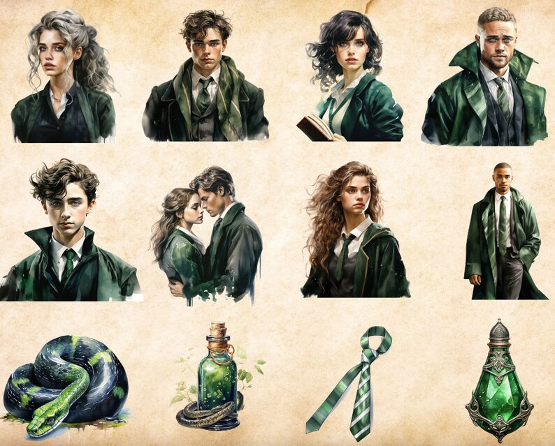 May include: A collection of watercolor illustrations featuring characters, objects, and symbols associated with the magical world of Hogwarts. The illustrations include a snake, a potion bottle, a tie, and various characters in green and black robes.