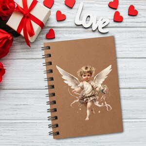 May include: A spiral-bound notebook with a brown cover featuring a vintage illustration of a cherub holding flowers. The word "Love" is spelled out in white letters. Red hearts and a gift box with a red ribbon are also visible.