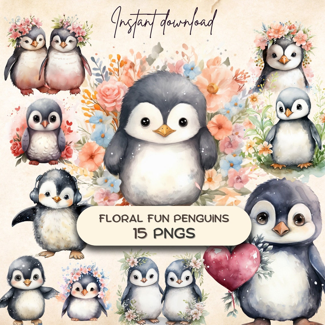 Spring Penguin Red Cute Spring Penguins Clipart Bundle (15 Pngs), Watercolor Floral ...