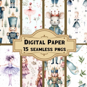 Papel digital de balé quebra-nozes/padrões sem costura (15 PNG), papel de embrulho para impressão, download de página de diário indesejado, álbum de recortes vintage