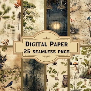 May include: A digital paper pack containing 25 seamless PNG images featuring a variety of nature-inspired designs. The designs include trees, leaves, mushrooms, owls, and other woodland elements. The images are in a vintage style with a muted colour palette.