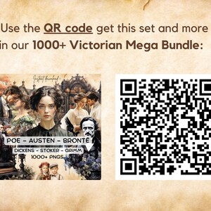 K&ouml;nnte beinhalten: Ein QR-Code mit dem Text "Sofort-Download" und "1000+ PNGs" darunter. Der Text "POE - AUSTEN - BRONT&Euml;" und "DICKENS - STOKER - GRIMM" ist ebenfalls sichtbar. Das Bild ist eine Collage aus Portr&auml;ts und Illustrationen aus der viktorianischen Zeit.