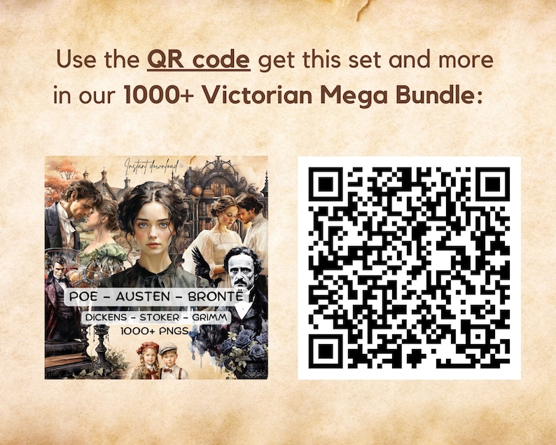 K&ouml;nnte beinhalten: Ein QR-Code mit dem Text "Sofort-Download" und "1000+ PNGs" darunter. Der Text "POE - AUSTEN - BRONT&Euml;" und "DICKENS - STOKER - GRIMM" ist ebenfalls sichtbar. Das Bild ist eine Collage aus Portr&auml;ts und Illustrationen aus der viktorianischen Zeit.