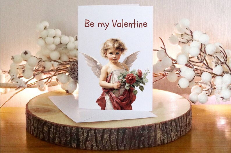 May include: A Valentine's Day greeting card featuring a vintage illustration of a cherub holding roses, with the text "Be my Valentine" in red. The card is displayed on a wooden slice, with a white envelope and decorative white berries in the background.