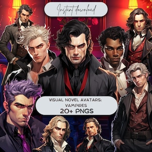 Puede incluir: Ilustración digital con múltiples avatares de vampiros masculinos con varios peinados y colores. La imagen incluye el texto "Instant download" y "Visual Novel Avatars: Vampires 20+ PNGs."