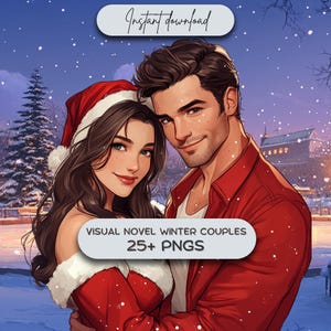 Puede incluir: Una ilustración digital de una pareja con ropa de invierno. La mujer lleva un gorro de Papá Noel rojo y blanco y un vestido rojo. El hombre lleva una camisa roja y una chaqueta negra. El texto "VISUAL NOVEL WINTER COUPLES 25+ PNGS" se muestra en la imagen.