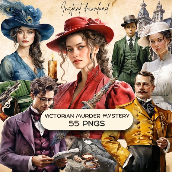 Victorian Murder Mystery Clipart (55 PNG), Detective Game Printable Art, Watercolor Vintage Junk Journal, Retro Scrapbooking, Gothic Sticker