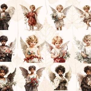 May include: A collection of watercolor illustrations featuring cherubic figures with feathered wings. Each cherub holds flowers or a bow and arrow, dressed in soft-colored robes. The background is a light beige with leaf patterns.