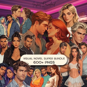 May include: Digital art bundle featuring illustrations of couples and individuals. The image includes the text "Instant Download" and "Visual Novel Super Bundle 600+ PNGs."