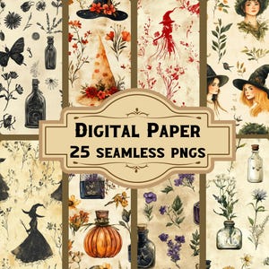 May include: A digital paper pack with 25 seamless PNG files featuring a witchy theme. The designs include witches, potions, flowers, and other magical elements. The background is a vintage-inspired parchment.