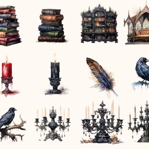 K&ouml;nnte beinhalten: Eine Sammlung von Illustrationen im gotischen Stil mit verschiedenen Objekten, darunter Stapel alter B&uuml;cher, Kerzen, eine Feder, ein Rabe und ein Kandelaber.