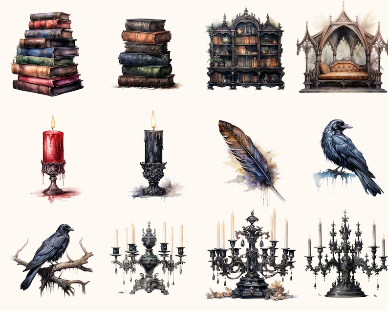 K&ouml;nnte beinhalten: Eine Sammlung von Illustrationen im gotischen Stil mit verschiedenen Objekten, darunter Stapel alter B&uuml;cher, Kerzen, eine Feder, ein Rabe und ein Kandelaber.