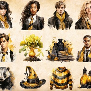 May include: Watercolor illustrations of a Hogwarts house theme, featuring a badger, a witch's hat, a sweater, and potions bottles. The illustrations are in shades of yellow and black.